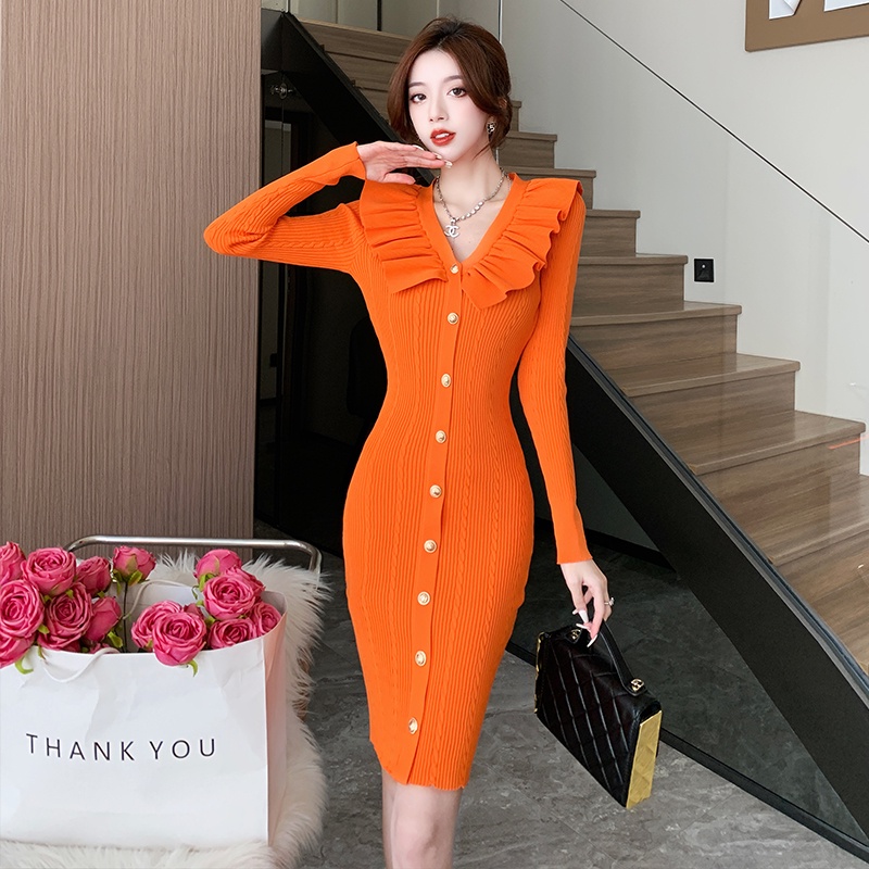 Đầm dệt kim MULTIPLICATION phối bèo cổ chữ v dáng ôm thời trang pháp xinh xắn cho nữ