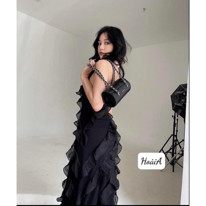 Đầm đi tiệc dáng dài viền bèo chất liệu mumi hàn cao cấp