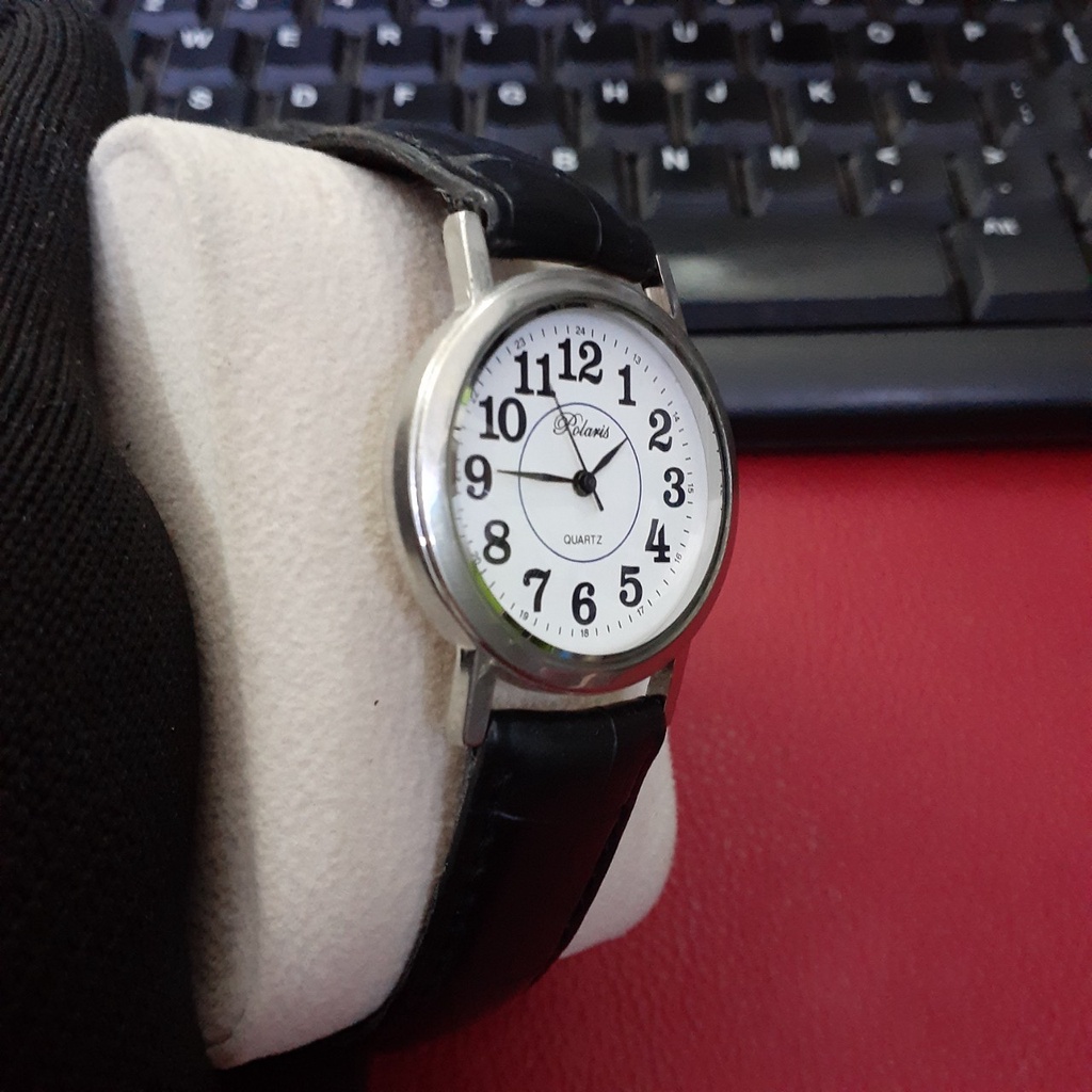 Đồng hồ nam nữ dây da Polaris mặt trắng 2 hand si Nhật