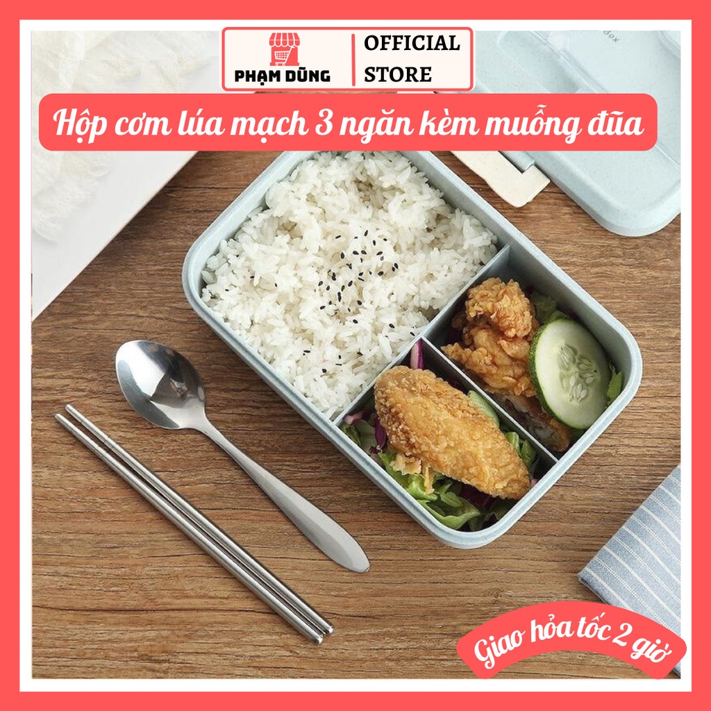 Hộp cơm lúa mạch 3 ngăn kèm muỗng đũa inox