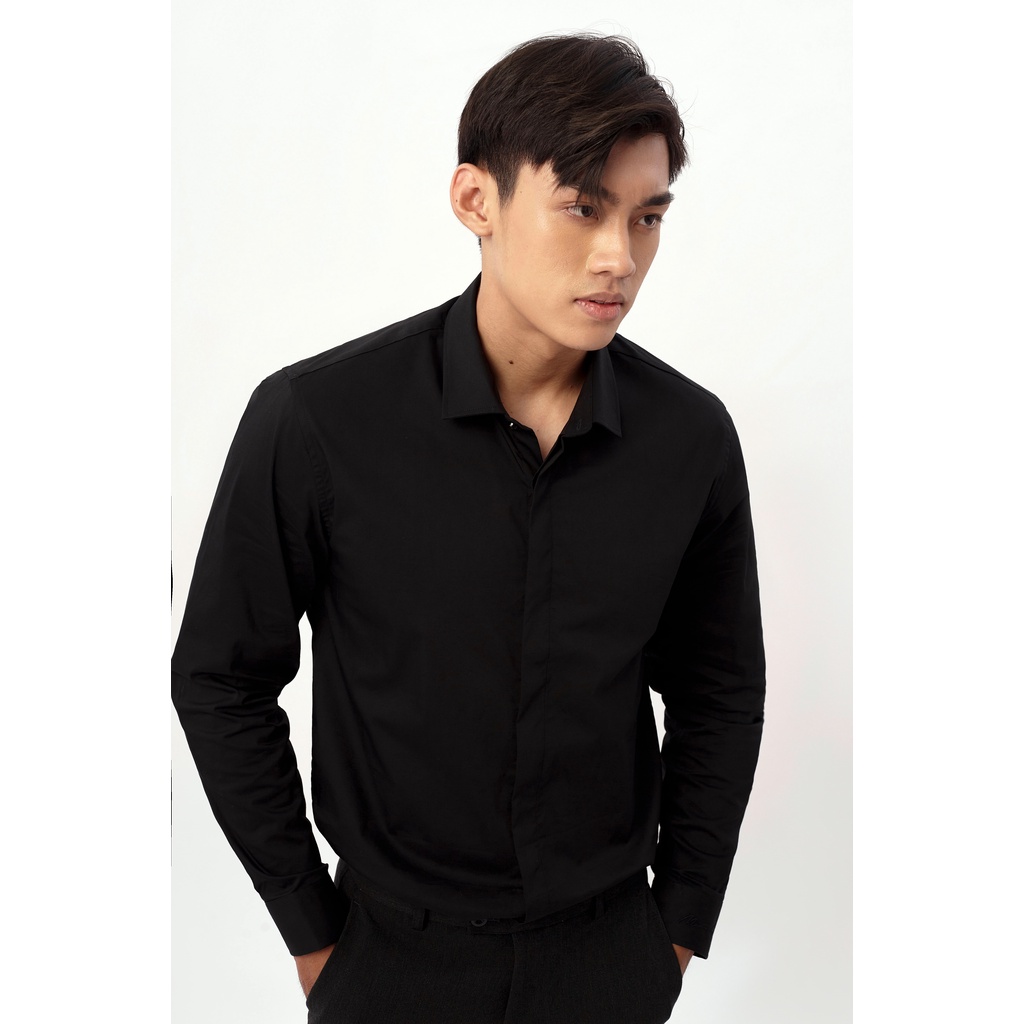 Áo sơ mi đen tay dài nam MRC 2012080-2LH chất vải cotton mềm mịn, form slimfit trẻ trung, sang trọng - MENFIT
