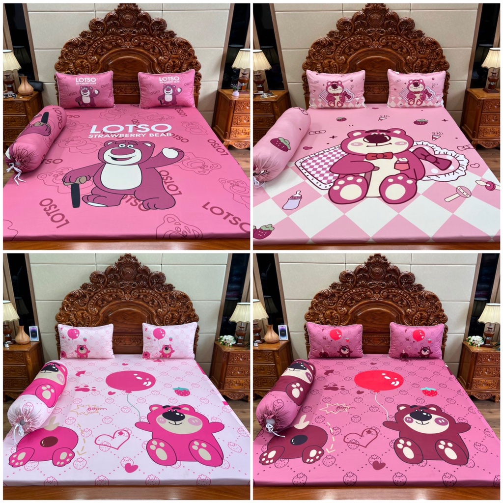 Bộ ga gối thun lạnh 5D cao cấp gấu dâu, gấu lotso, Gấu Hồng