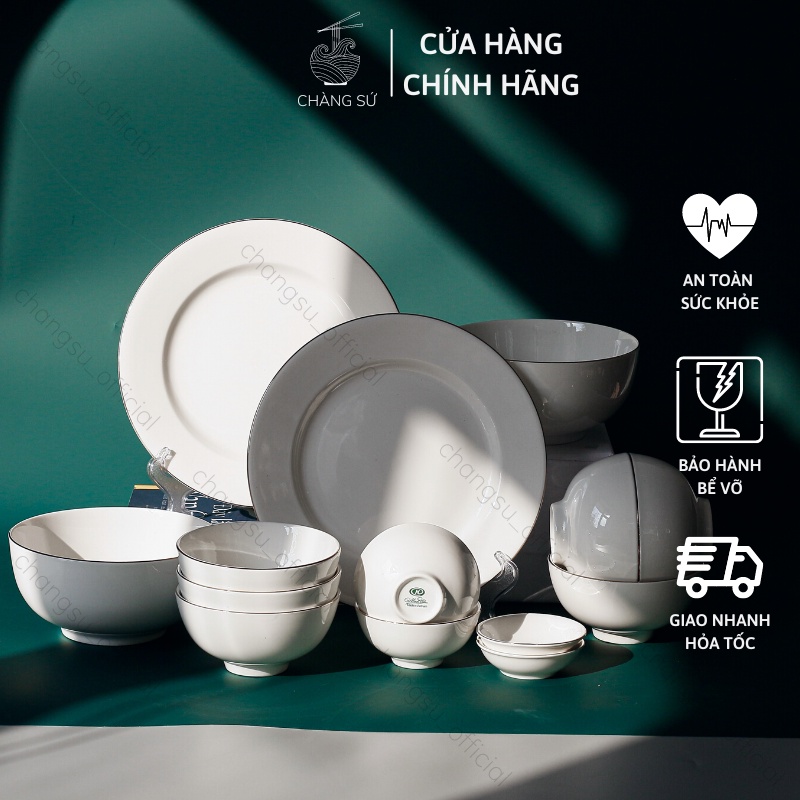 Bộ bát đĩa viền vàng thật 12k chất lượng cao - Set bát dĩa 14 món sứ Minh Châu siêu sang