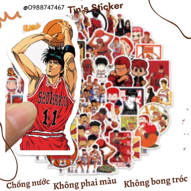 Set combo 50 miếng dán sticker Slam Dunk Thiên tài bóng rổ dán nón mũ bảo hiểm laptop vali sổ sách đàn guitar điện thoại