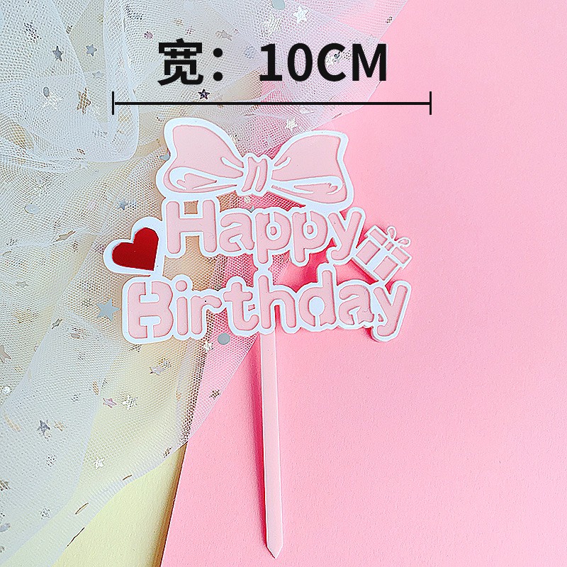 Que cắm mica Happy birthday mẫu nơ trang trí bánh