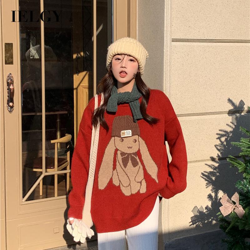 IELGY Áo Len Dày Chui Đầu Giữ Ấm In Họa Tiết Hoạt Hình Phong Cách Hàn Quốc Thời Trang Cho Nữ