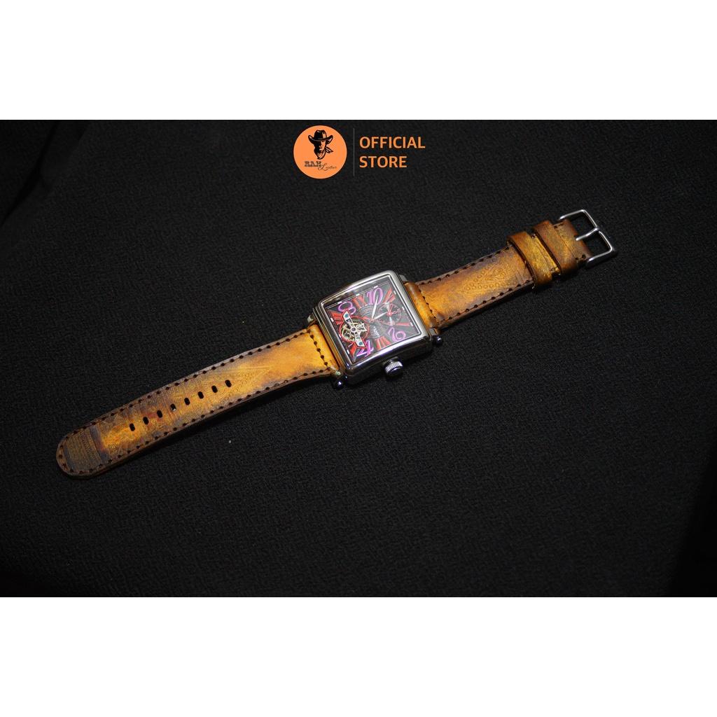 Dây Đồng Hồ Da Veg Ý Cao Cấp Italia Nhuộm Thủ Công Ram Trống Đồng 2022 Màu Vàng Nâu Size 26mm