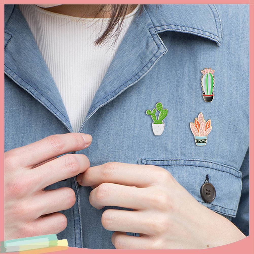 【LK】3Pcs/Set Cartoon Cactus Plant Enamel Badge Brooch Pin Clothes Decor