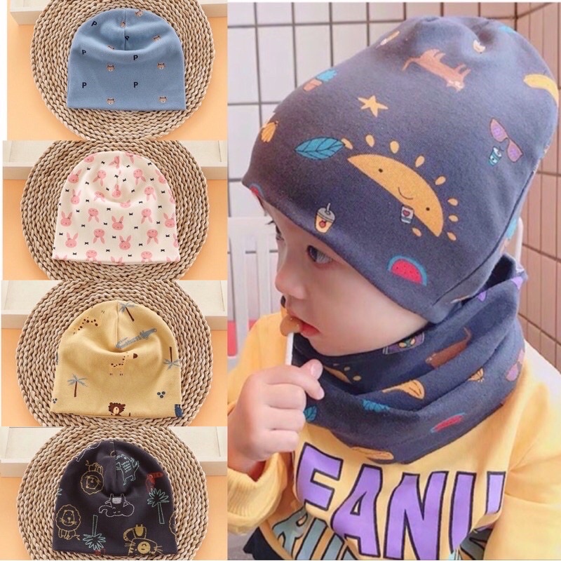 set mũ kèm khăn ống  cotton siêu mềm cho bé size 6 tháng -6 tuổi