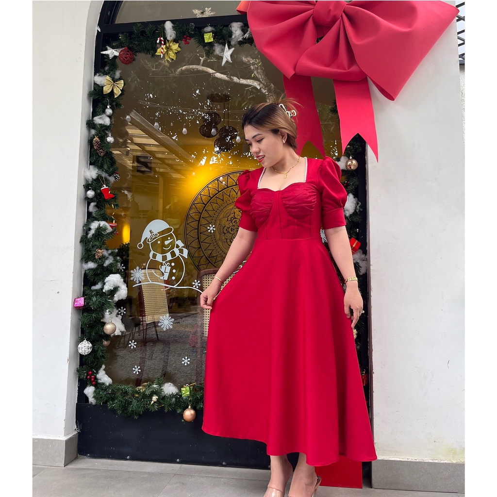 ẢNH THẬT LADY SHOP - VÁY ĐỎ DÁNG DÀI CỔ VUÔNG ĐÍNH NGỌC TRAI