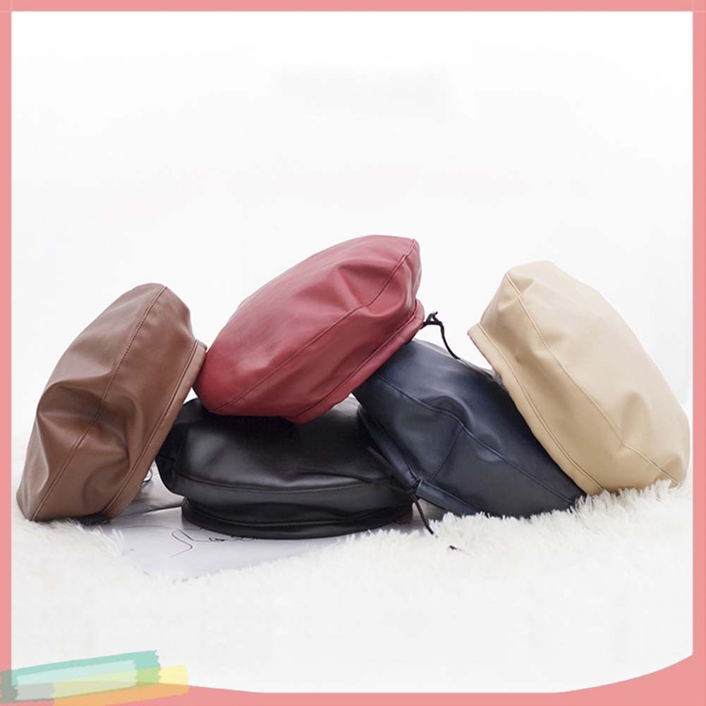 Mũ beret chất liệu da giả màu trơn giữ ấm sành điệu cho nữ
