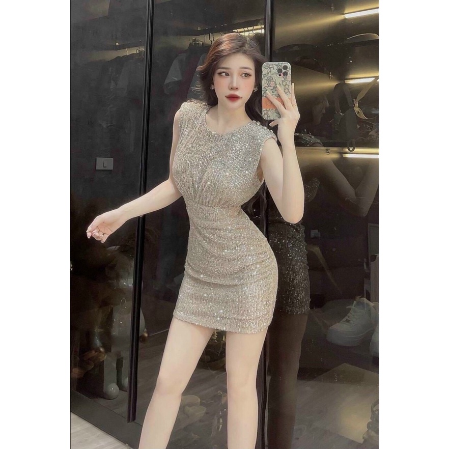 Đầm body dự tiệc chất liệu kim sa dày dặn kiểu đầm ngắn không tay cổ tròn có mút ngực thời trang nữ ARAVA