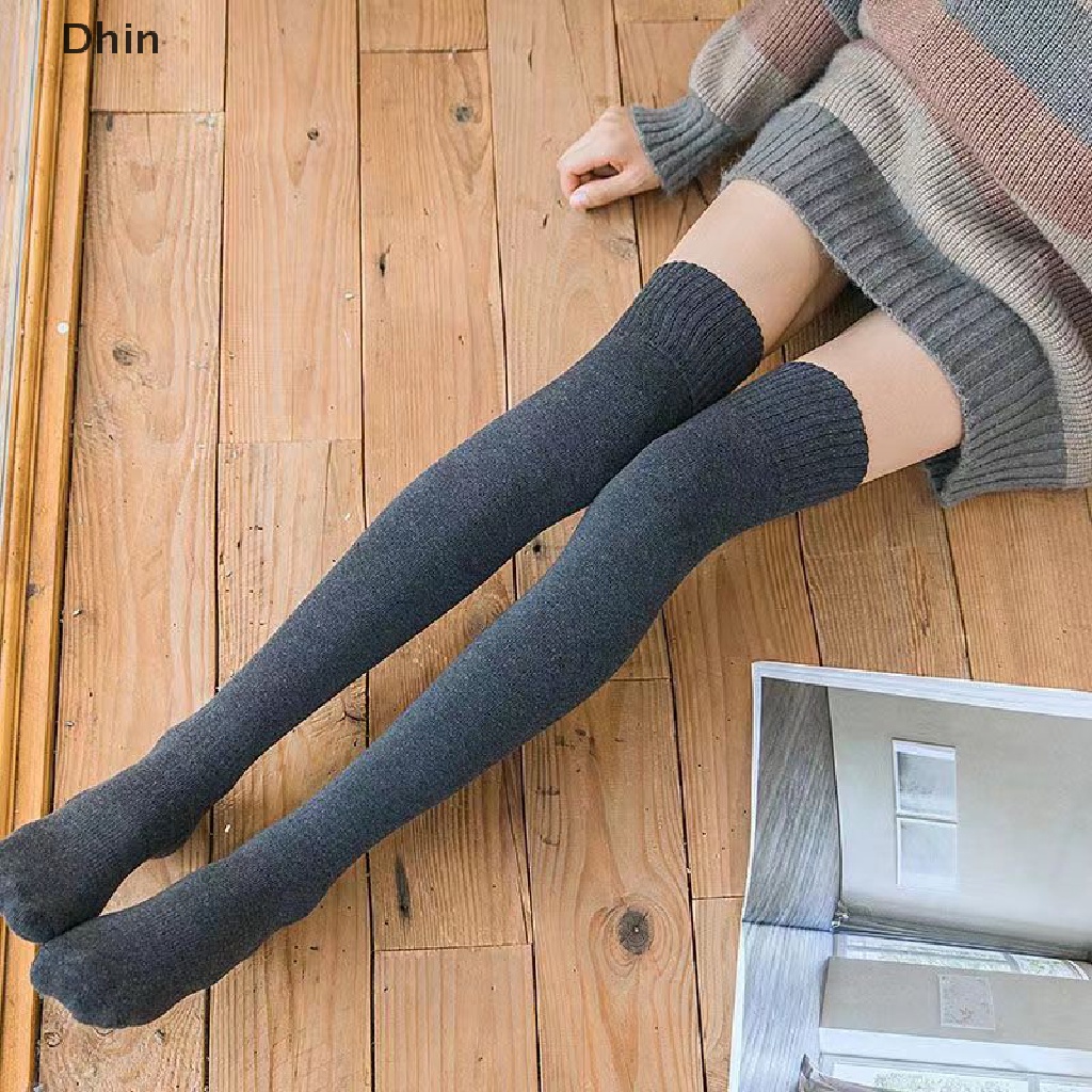1 Đôi Tất Dệt Kim Dài Qua Gối Màu Trơn Giữ Ấm Thời Trang Mùa Đông Cho Nữ