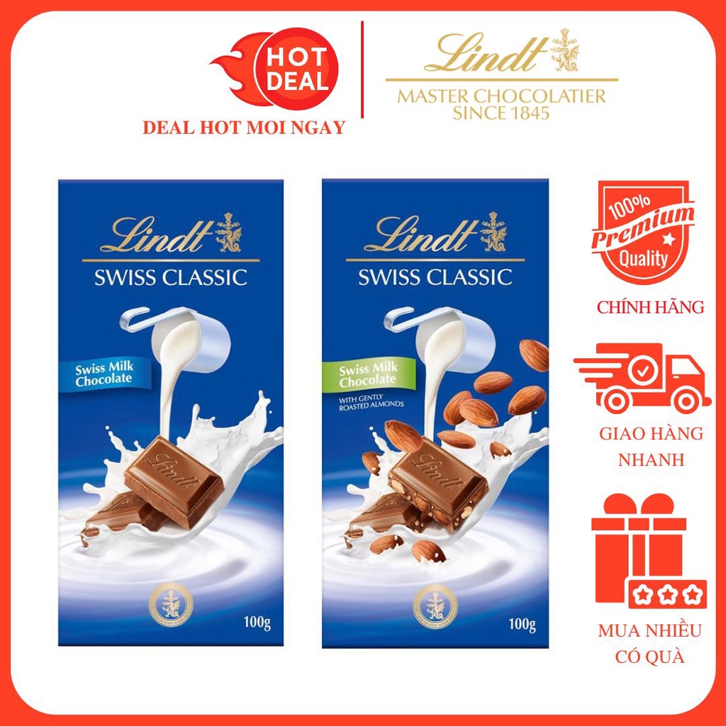 Socola Lindt Swiss Classic Sữa Nhân Hạnh Nhân Thanh 100G - Nhập Khẩu Thụy Sĩ