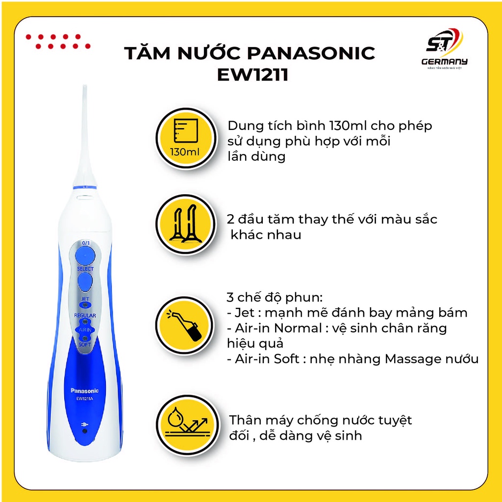 Tăm nước Panasonic, máy tăm nước chính hãng cao cấp giúp xỉa răng sạch và mát xa nướu nhẹ nhàng EW1211 GSTBeauty 0360005