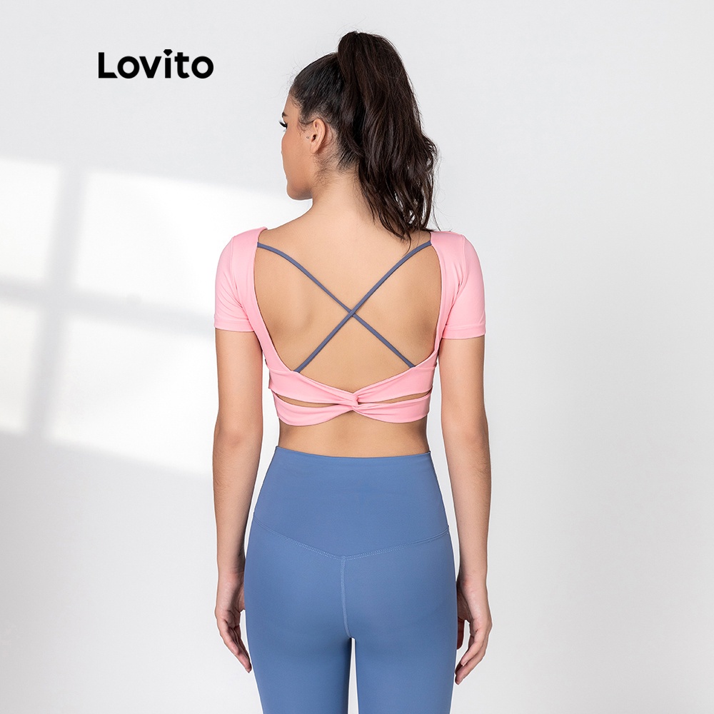 Áo ngực thể thao Lovito có miếng đệm ngực thiết kế đan dây chéo sau lưng màu trơn nhanh khô L06015 (màu tím nhạt)