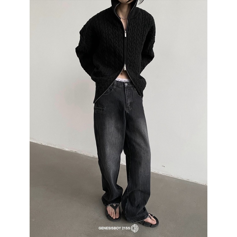 Quần Dài Ống Rộng Thẳng Cao Cấp Mùa Thu Có Thể Giặt Rửa Vết Nứt Màu Đen Xám