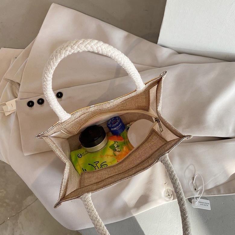 Túi Cói Phong Cách Vintage In Hình .Túi Vải Mini Thời Trang - Có Khóa Kéo