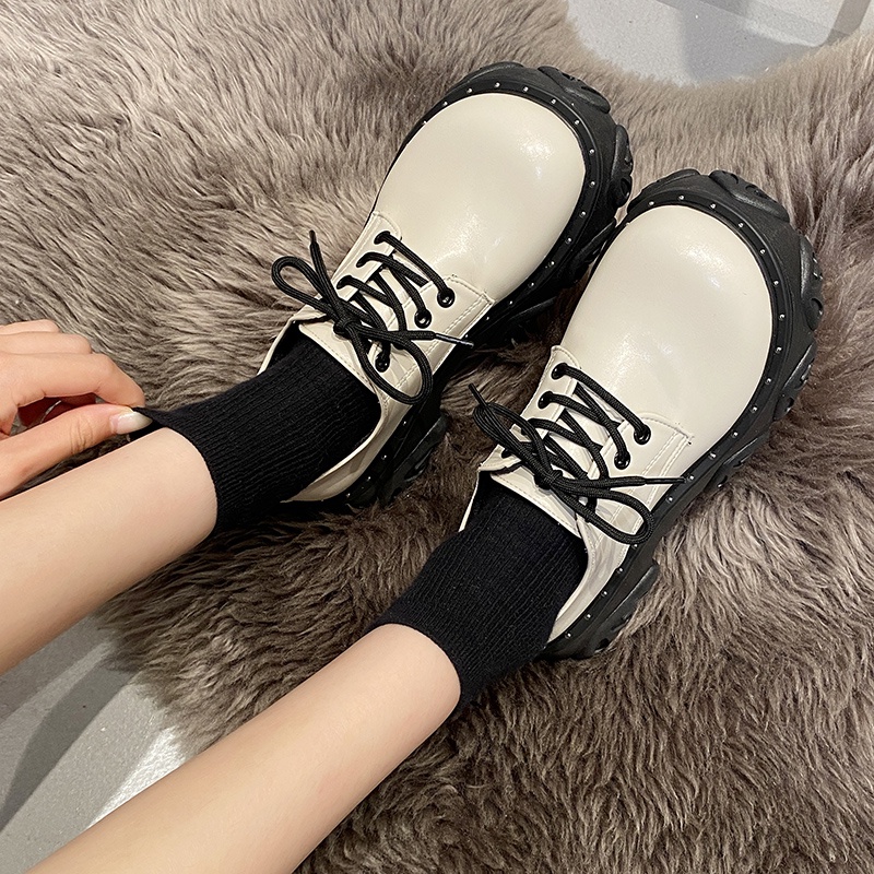 ❤❤❤Giày Da Nữ Đế Xuồng Dày Dặn Cột Dây Phong Cách Thời Trang Retro Nhật Bản