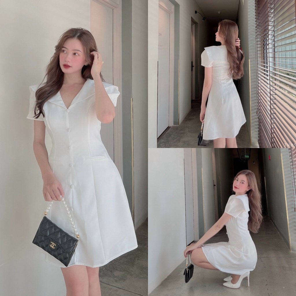 Đầm Nữ Dáng Suông Màu Trắng Nút Bọc HNK362