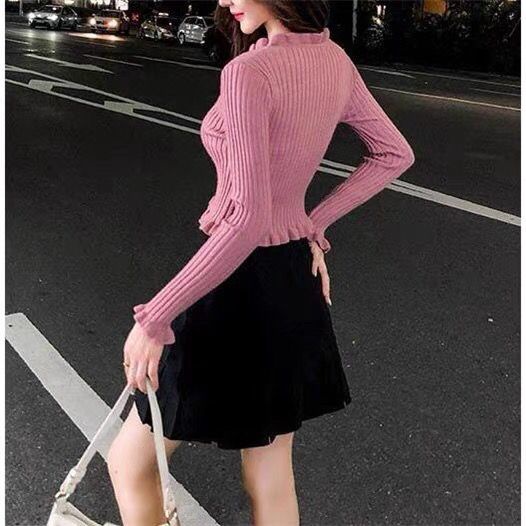 [Giao Ngay] Áo Sweater Dệt Kim Ngắn Tay Dài Dáng Ôm Màu Hồng Cá Tính Phong Cách Mới Thu Đông Cho Nữ