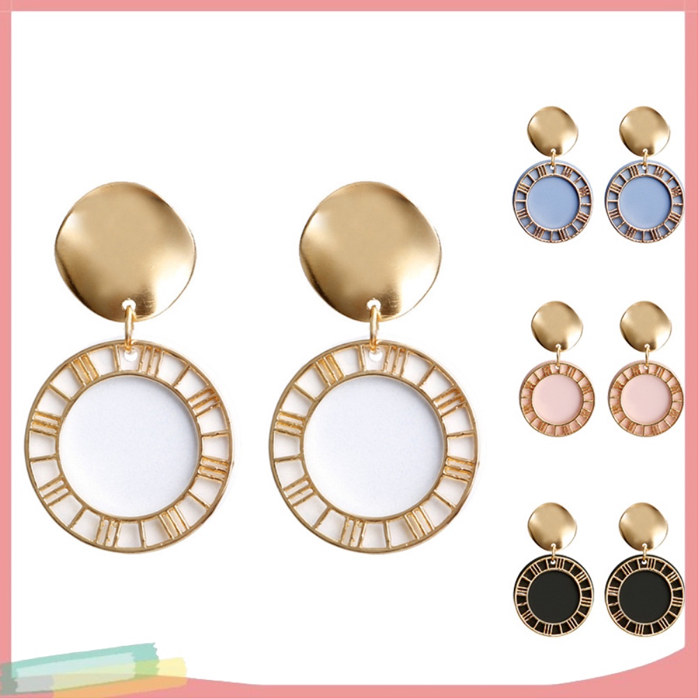 Đôi Khuyên Tai Hình Tròn Khắc Chữ Số La Mã Thời Trang Cho Nữ