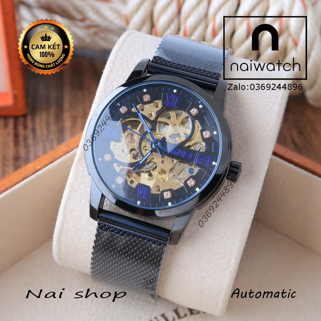 Đồng hồ nam Skmei cơ tự động full đen, dây lưới thép cực trẻ trung năng động