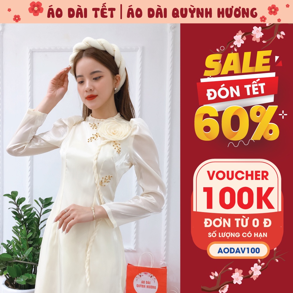 Áo dài Tết voan tơ cổ tết màu kem hoa ngực cách điệu cực xinh by Quỳnh Hương