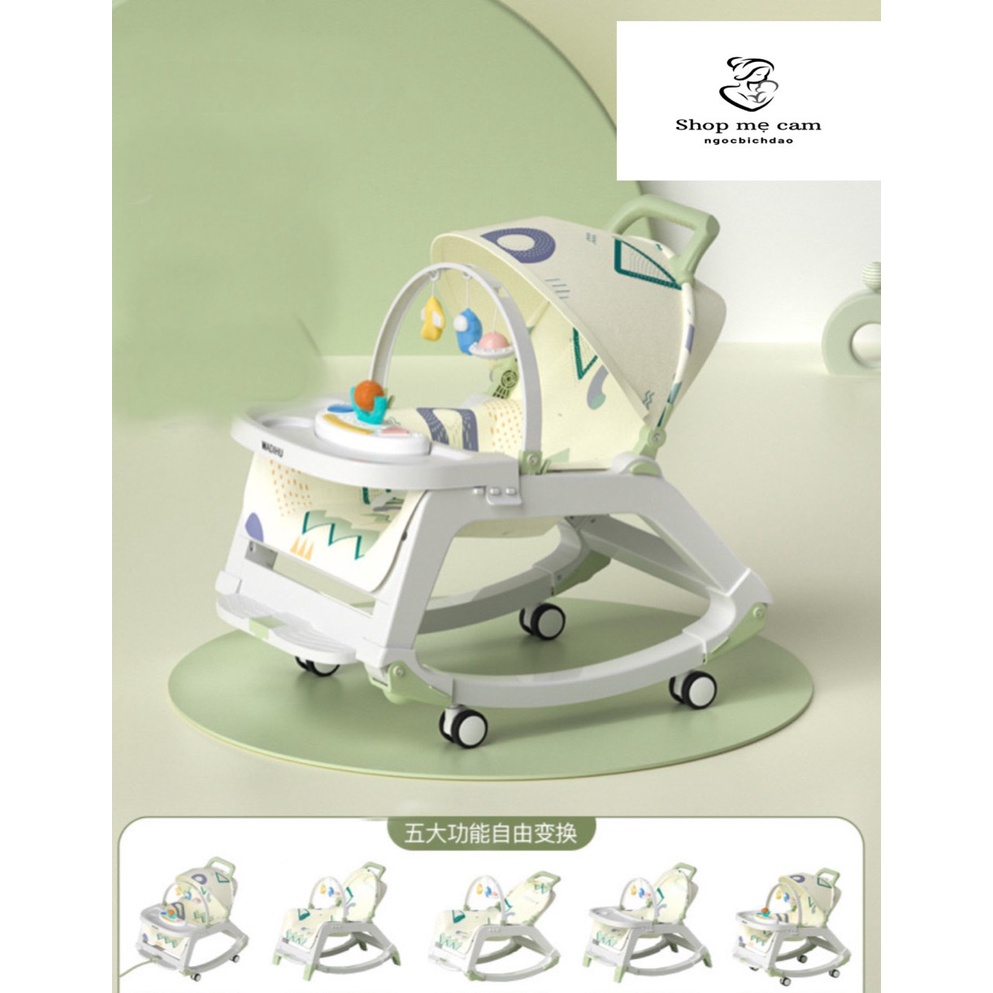 Ghế rung cao cấp cho bé bập bênh đa năng có bàn ăn dặm và bánh xe. Ghế ăn dặm