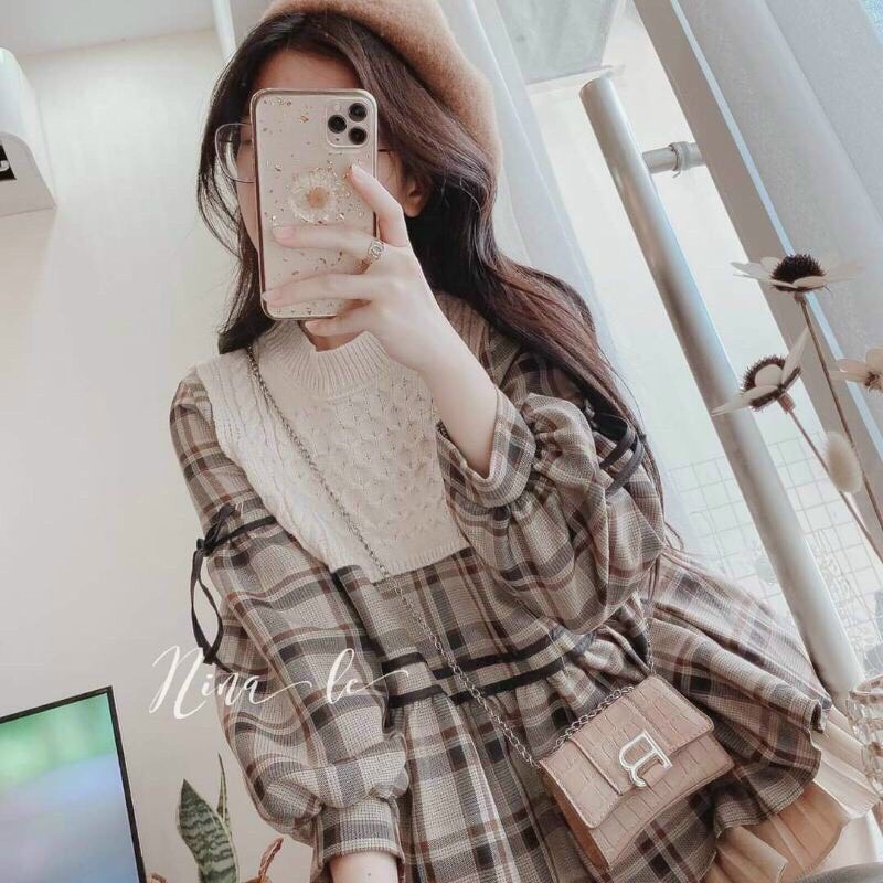 Babydoll tay phồng phối thân áo dệt kim