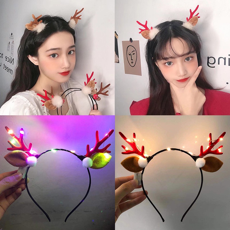 Băng Đô Cài Tóc Hình Sừng Tuần Lộc Giáng Sinh Có Đèn LED Dễ Thương Cho Nữ