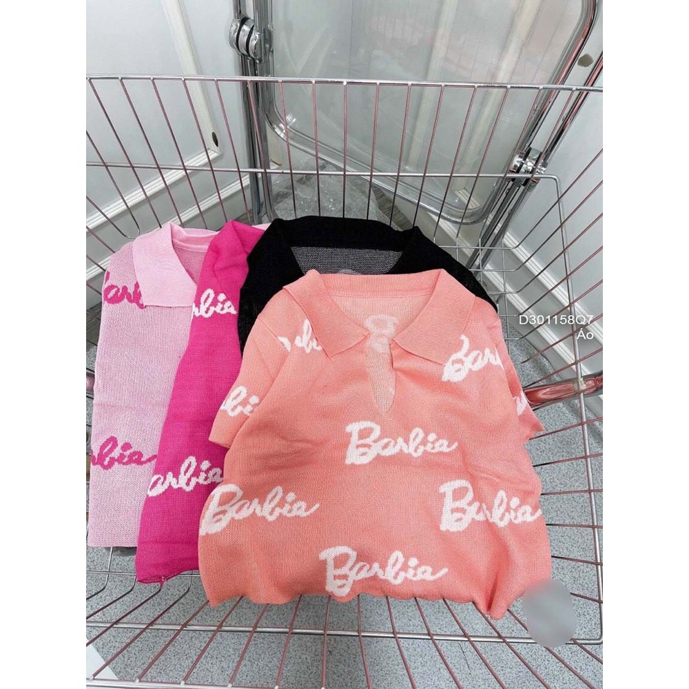 Áo len croptop họa tiết chữ barbie cổ bẻ tay con hàng QC
