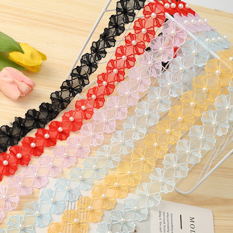 Set 10 Dây Ruy Băng Hai Lớp Viền Ren Hoa Đính Hạt Ngọc Trai Trắng Thêu Thủ Công Trang Trí Đầm