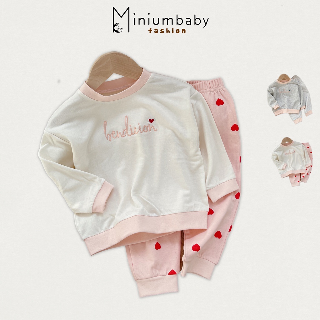Set bộ đồ dài tay basic thu đông thêu chữ cho bé gái MiniumBaby, quần áo trẻ em cotton dài tay SB1369