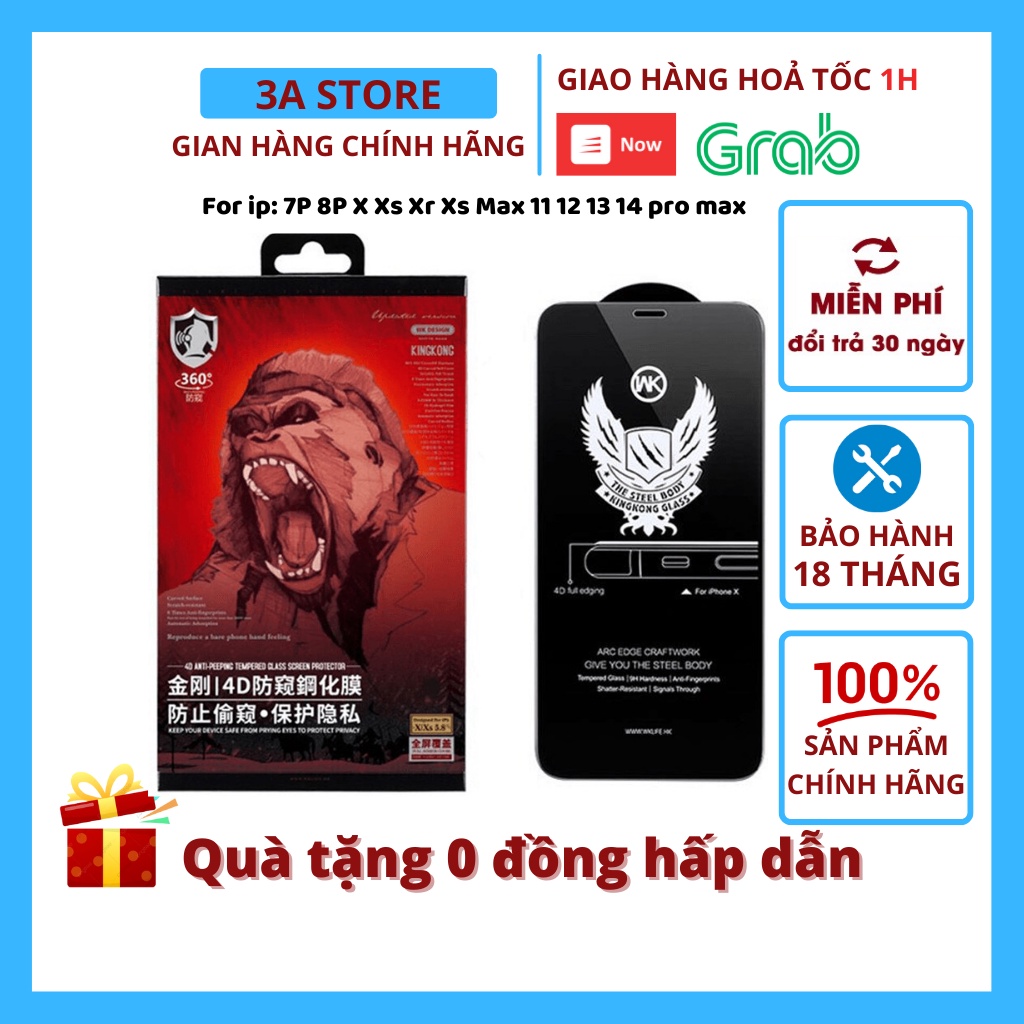 Kính cường lực iphone KingKong chống nhìn trộm 4D Wk Wekome ip 7 8 plus x xr xs max 11 12 13 14 pro max 3astore