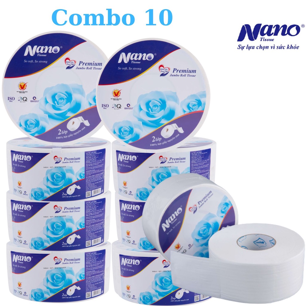 Combo 10 cuộn giấy vệ sinh Nano cuộn lớn, giấy 2 lớp, trọng lượng 700g, an toàn và tiết kiệm khi sử dụng