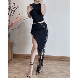Đầm thun áo liền chân váy tua rua bất đối xứng (hình thật)