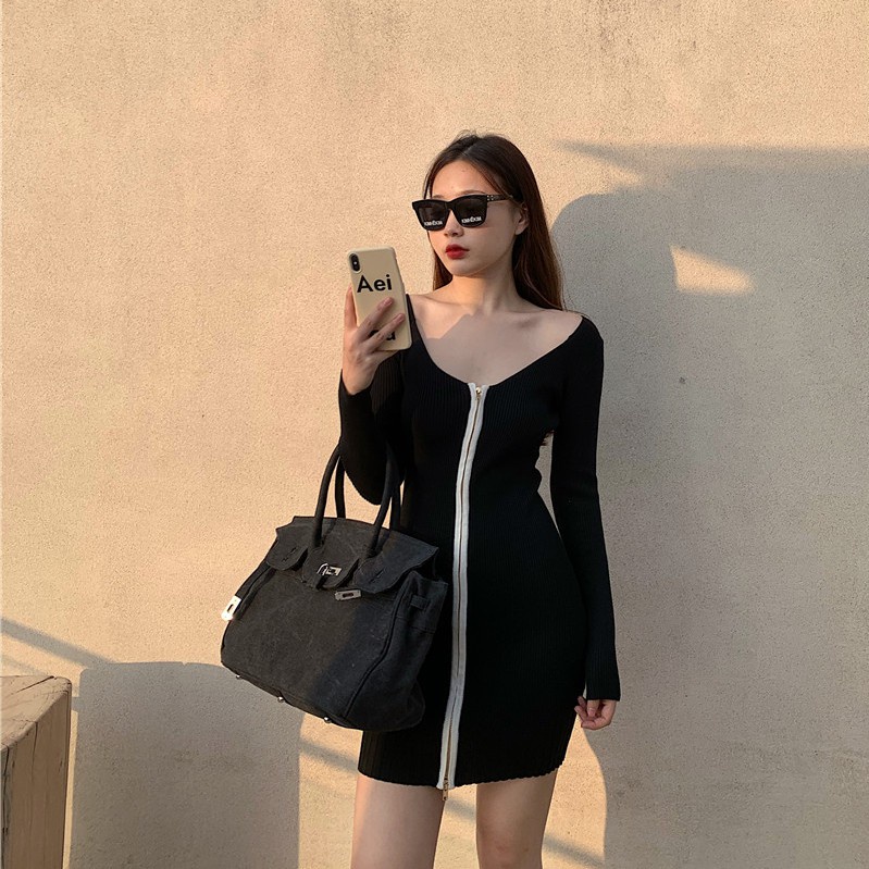 Đầm thun gân tay dài mini Emilyshop