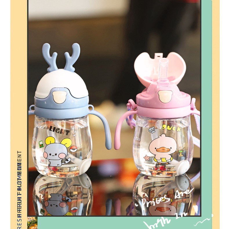Bình tập uống nước cho bé có ống hút silicon mềm bình hút nước cho bé sừng hưu có dây đeo cute B5
