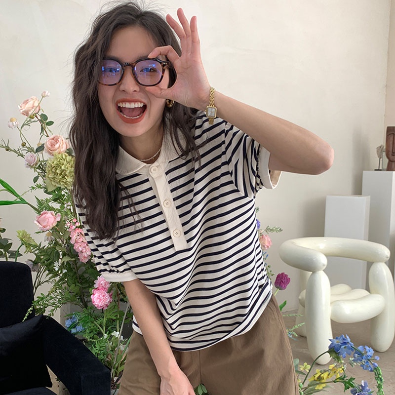 Áo polo Ngắn Tay Dáng Rộng Họa Tiết Kẻ Sọc Thời Trang Hàn Quốc Cho Nữ