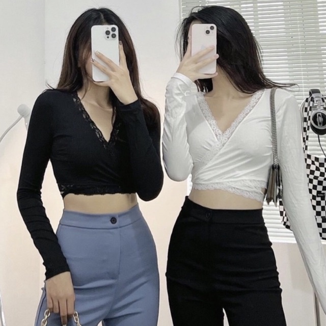 Áo croptop nữ tay dài HHVINTAGE kiểu ren co giãn Top A92