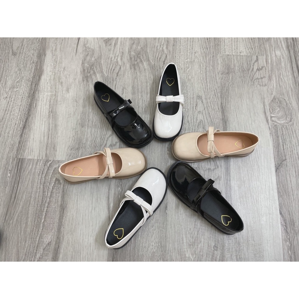 Giày Búp Bê Đế Đốc 2.5Cm Mũi Tròn Da Bóng Quai Nơ Ngang