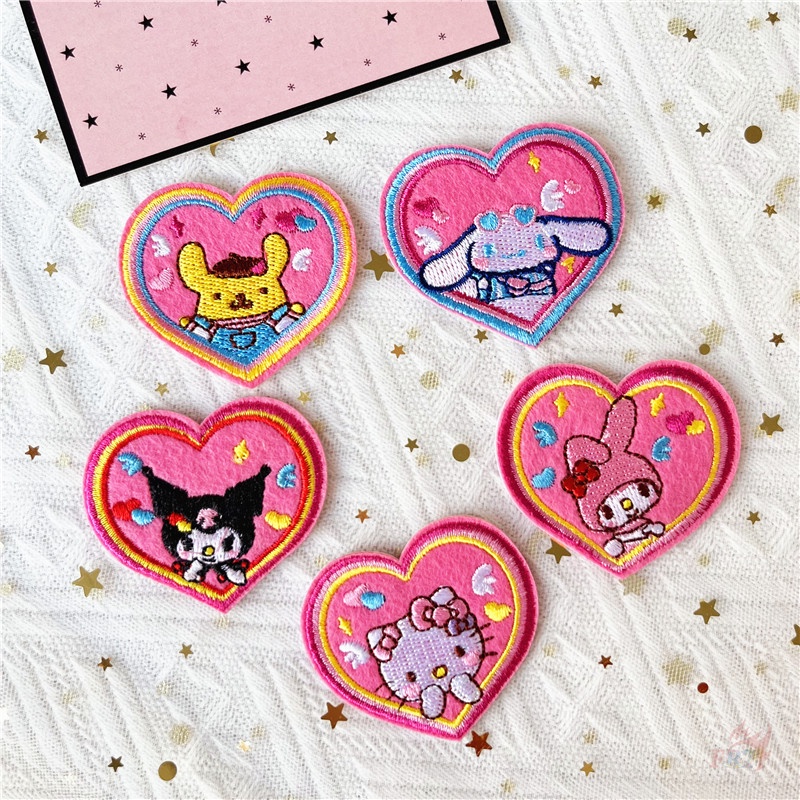 ☸ Sticker Ủi Thêu Hình Kuromi / Melody / Hello Kitty / Cinnamoroll / Pom Purin Màu Hồng Ngọt Ngào ☸ 1 Sticker Ủi Thêu Hình Huy Hiệu