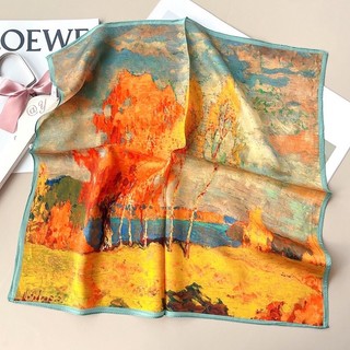 Khăn lụa vuông bandana họa tiết tranh rừng bạch dương 70x70cm
