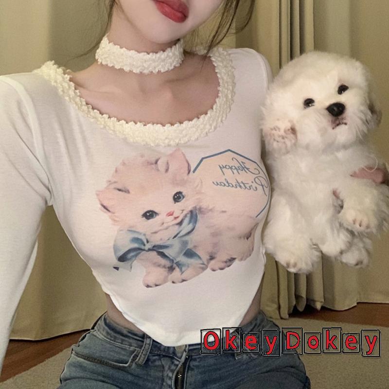 Áo Thun Crop Top Tay Dài In Hình Mèo Cơ Bản Dành Cho Nữ OKDK-Y2K