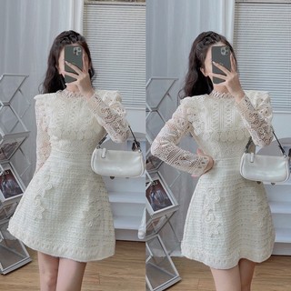 Váy ren phối chân dạ dài tay thiết kế cao cấp