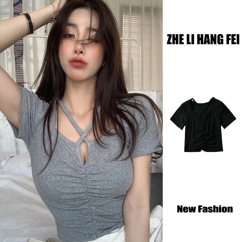 Áo ZHELIHANGFEI dệt kim ngắn tay cổ vuông xinh xắn thời trang