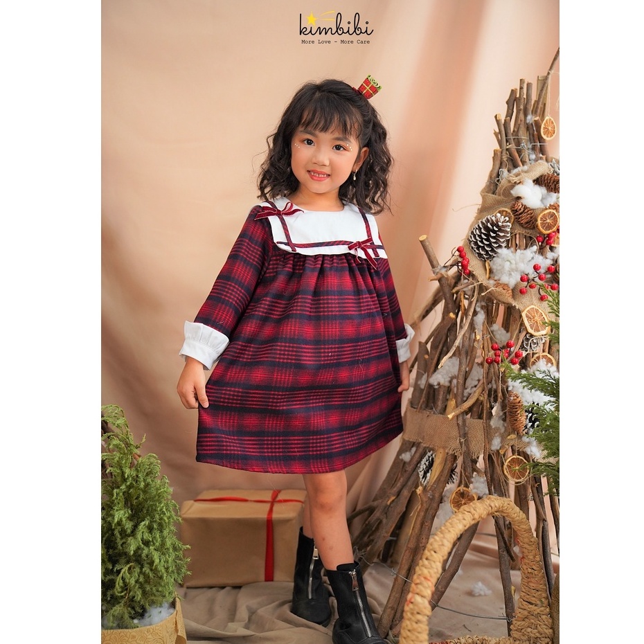 Váy bé gái dài tay kẻ phối cổ trắng thùy thủ Jennie xinh xắn Kimbibi thích hơp cho dịp Noel Tết