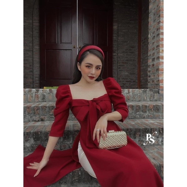 [ 𝐅𝐑𝐄𝐄 𝐒𝐇𝐈𝐏 ] Áo dài đỏ cổ vuông nơ ngực siêu phẩm Vải lụa sần QC cao cấp, kp loại mỏng rẻ nhé, tay xếp ly