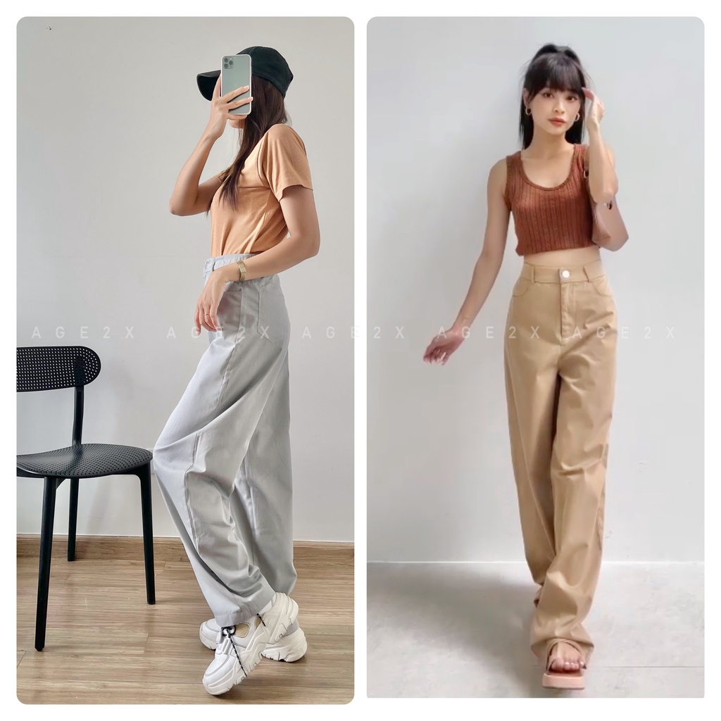 2.Quần ống rộng suông nữ lưng cao phong cách Streetstyle có khóa trước 1 khuy vải kaki cotton mềm mát chính hãng AGE2X